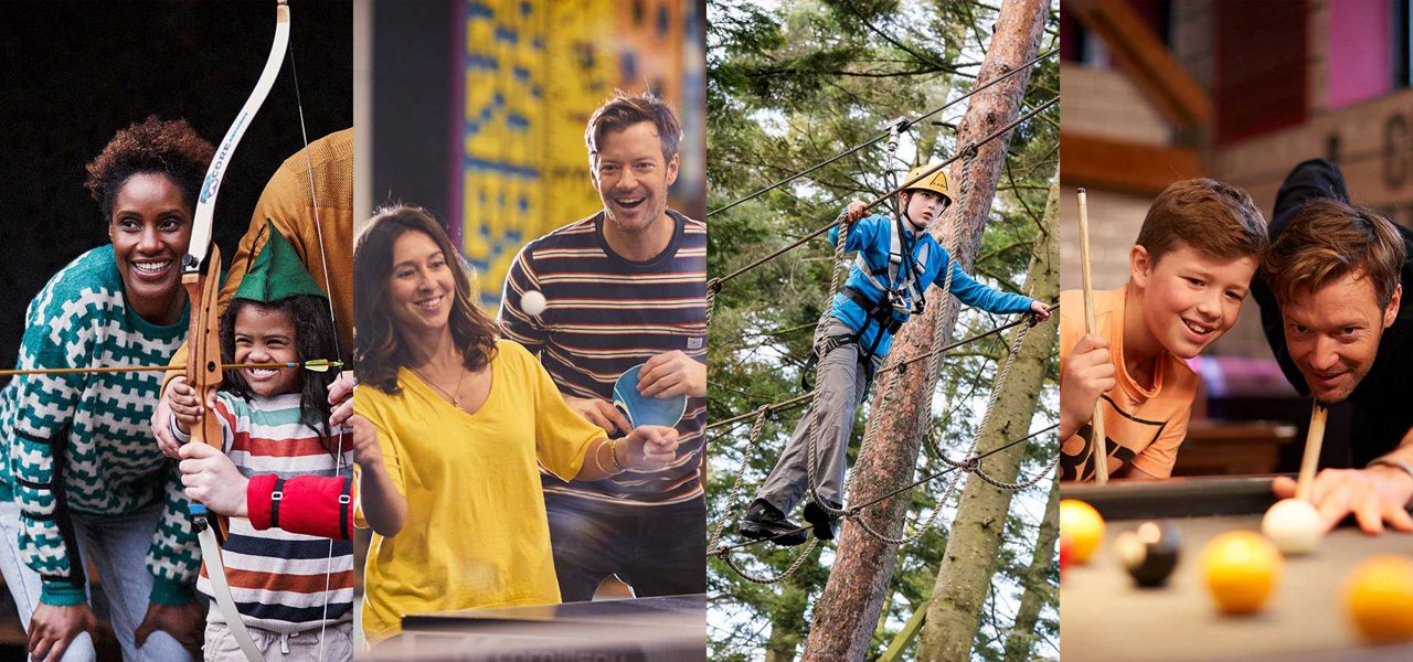 Families engage in activities: a child aims a bow, adults rally at ping-pong, a harnessed boy crosses treetop ropes, and a father-son duo line up a pool shot indoors.