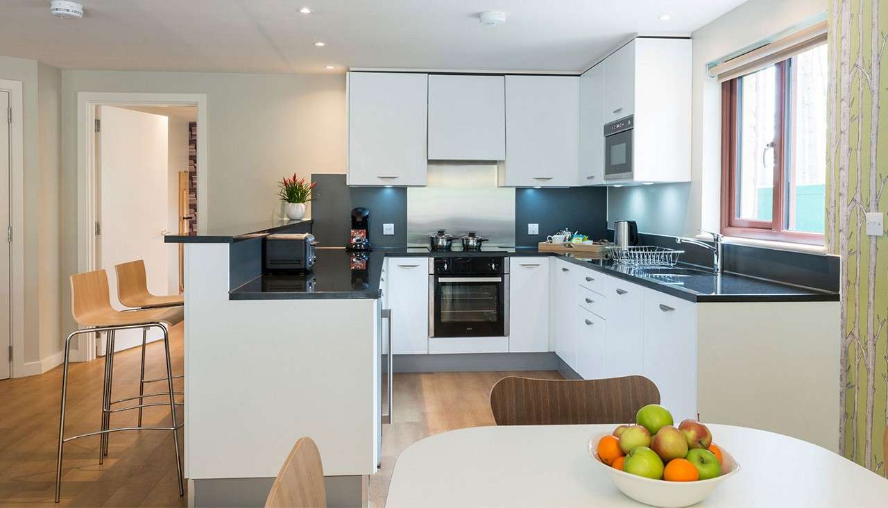 Modern kitchen—white cabinets frame black countertops—hosts oven, microwave, toaster, kettle, and dish rack. Fruit bowl sits on dining table; two bar stools face peninsula in a sunlit, wood-floored room.