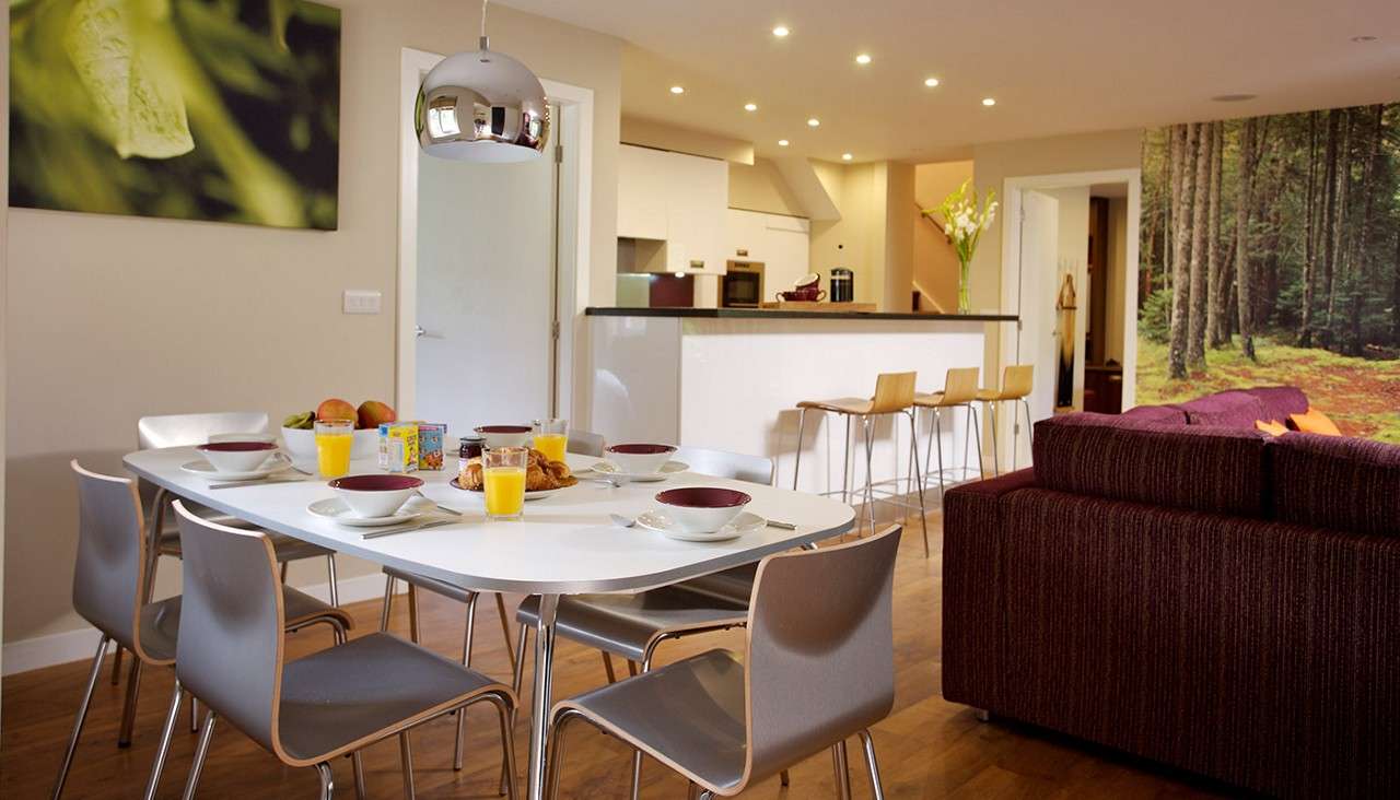The dining table and living area inside an Forest Lodge
