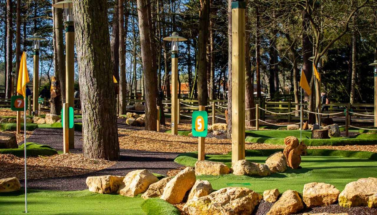 Mini-golf holes stand with yellow flags, numbered markers "7" and "5" displayed, as lanes wind across artificial turf with rocks and lamp posts amid trees in a forested outdoor course.