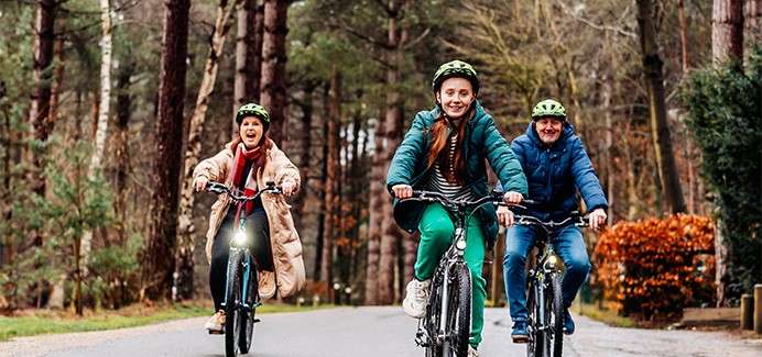 Three cyclists ride forward, wearing helmets and winter jackets. They pedal along a paved road through tall pine trees, with autumn shrubs and bike headlights visible in a wooded setting.