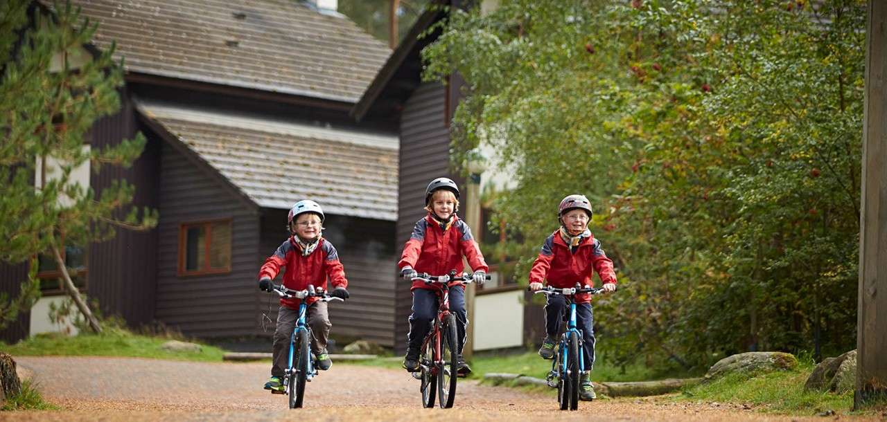 Three children ride bicycles side by side, smiling and wearing helmets, on a gravel path bordered by trees, with dark wooden cabins in the background.