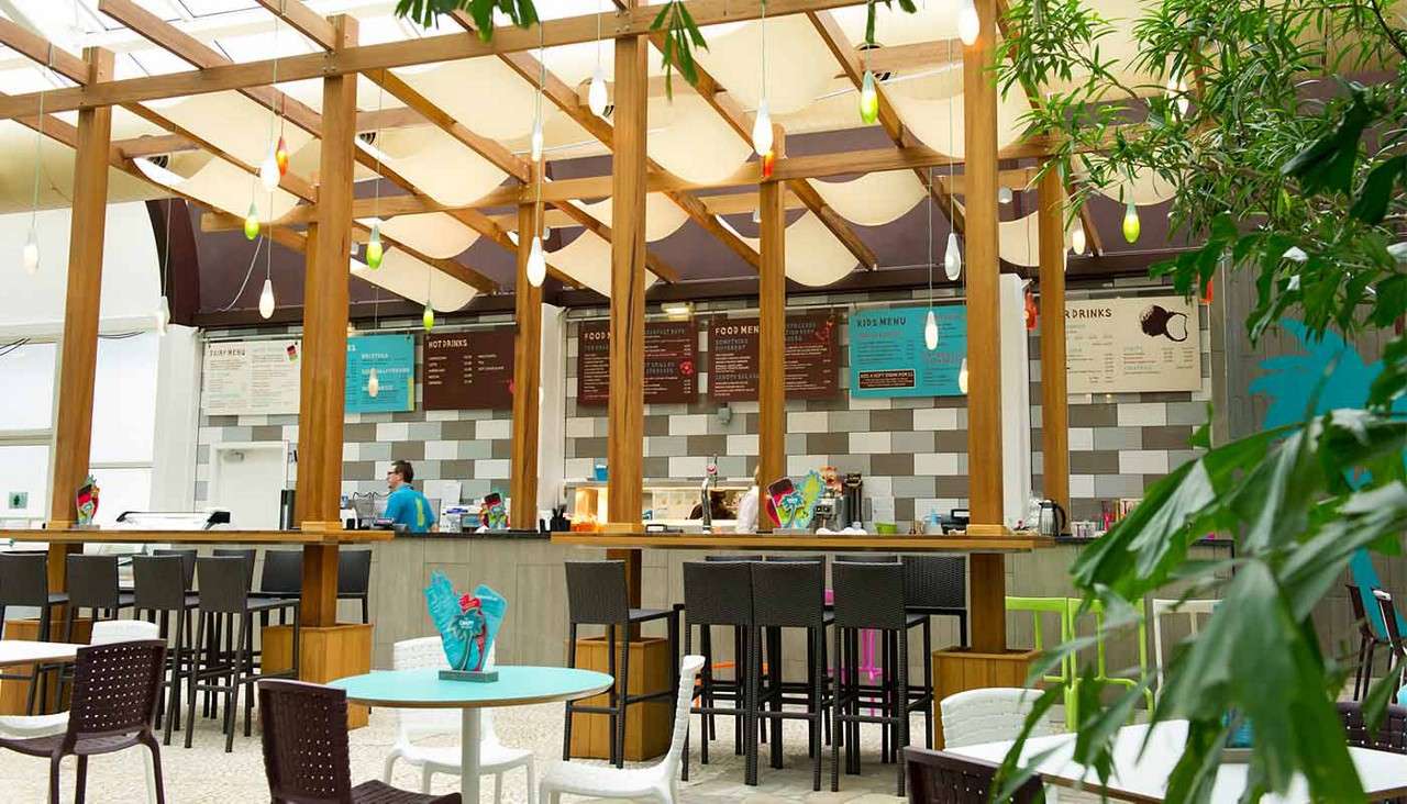 Café counter with staff preparing orders; high stools and small tables surround it in a bright atrium with wooden beams, teardrop lights, and indoor plants. Text: HOT DRINKS; FOOD MENU; KIDS MENU; DRINKS.