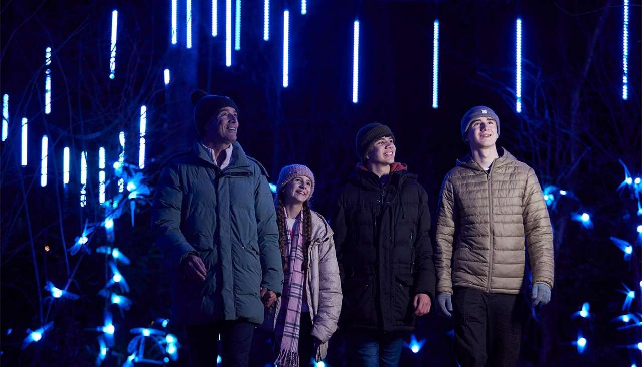 Four bundled-up people walk and gaze upward, smiling, beneath a nighttime outdoor light display with hanging blue LED tubes and glowing decorations among trees.