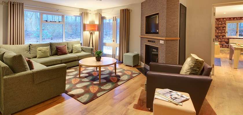 Sectional sofa faces TV above fireplace; round coffee table with plant centers leaf-pattern rug. Armchair and ottoman nearby. Large windows show woods; doorway opens to dining area.