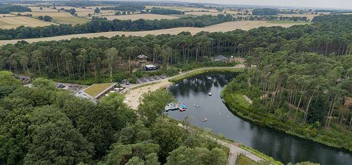 A small forest lake hosts paddle boats and swimmers, rippling quietly; sandy beach and dock line the shore, cabins tucked among tall pines, with patchwork farm fields stretching beyond the woodland.
