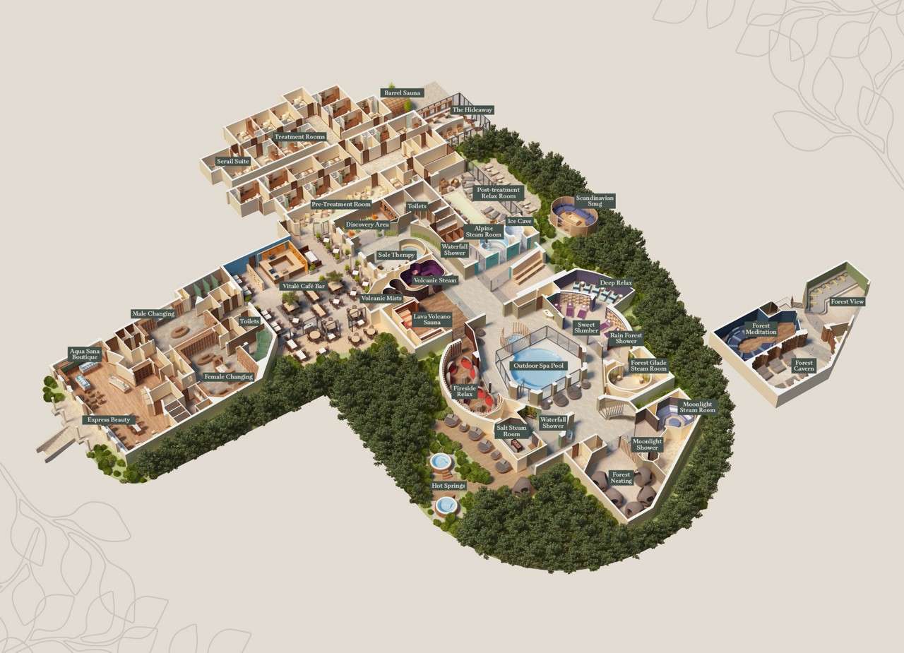 Isometric spa complex map labels numerous wellness rooms and pools, arranged around an outdoor spa pool and surrounded by trees.

Text: Aqua Sana Boutique, Express Beauty, Male Changing, Female Changing, Toilets, Toilets, Toilets, Vitalé Café Bar, Treatment Rooms, Serail Suite, Pre-Treatment Room, Discovery Area, Sole Therapy, Volcanic Mists, Volcanic Steam, Lava Volcano Sauna, Fireside Relax, Hot Springs, Salt Steam Room, Waterfall Shower, Outdoor Spa Pool, Waterfall Shower, Barrel Sauna, The Hideaway, Post-treatment Relax Room, Alpine Steam Room, Ice Cave, Scandinavian Snug, Deep Relax, Sweet Slumber, Rain Forest Shower, Forest Glade Steam Room, Moonlight Steam Room, Moonlight Shower, Forest Nesting, Forest Meditation, Forest Cavern, Forest View.