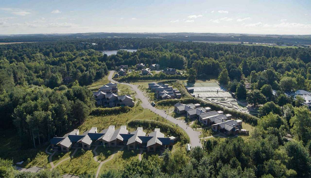 Cabin-style buildings line winding roads, surrounded by dense forest; in the distance, a lake and open fields extend beneath a bright, clear sky.