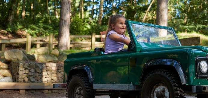 Child drives a small green ride-on jeep, smiling while gripping the wheel, in a wooded park with dappled sunlight, a low stone wall, and wooden fence behind.