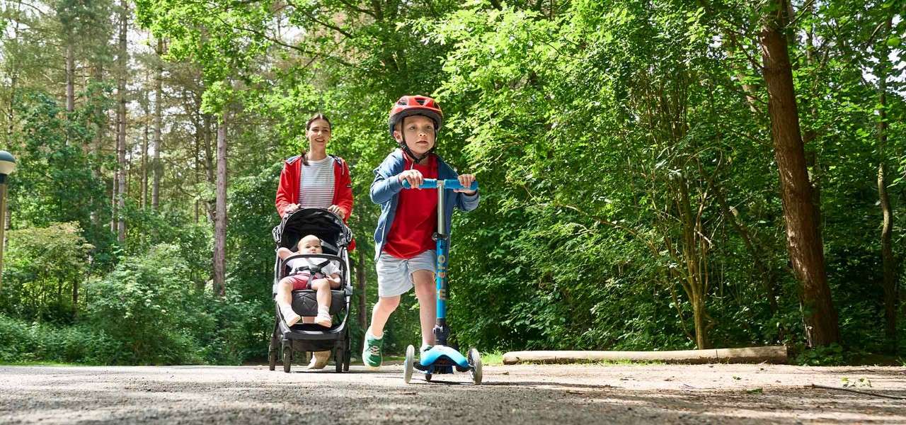 A boy on his scooter through the spring forest.