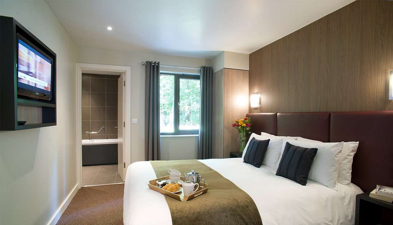 A neatly made double bed and a flat screen tv on the wall in an Forest Lodge