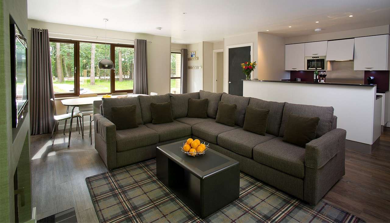 The lounge of an Forest lodges with a corner sofa and coffee table with big windows in the background