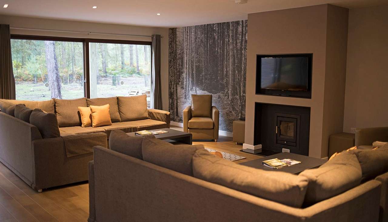 Brown sectional sofas surround a low coffee table in a cozy living room with fireplace and wall-mounted TV, two armchairs, wood floors, and large windows overlooking a forest.