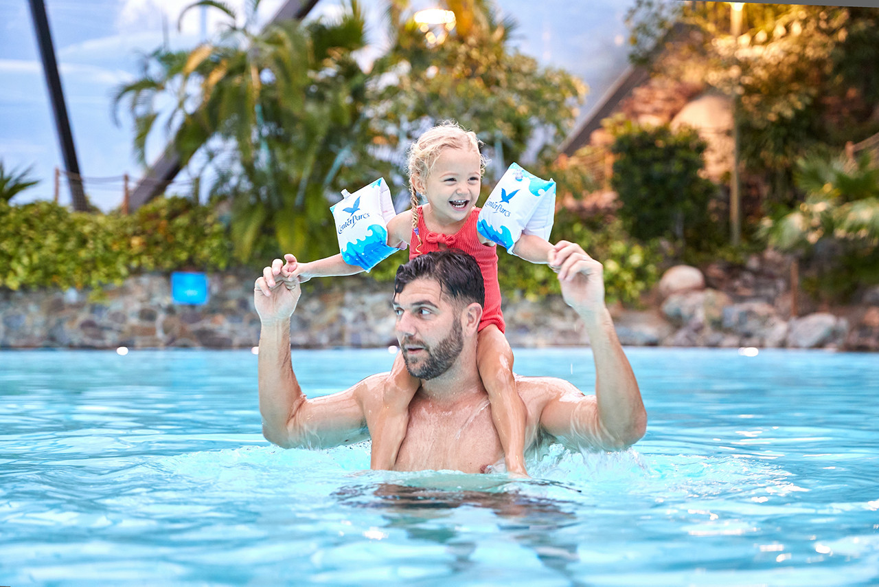 Father and daughter in the Subtropical Swimming Paradise.